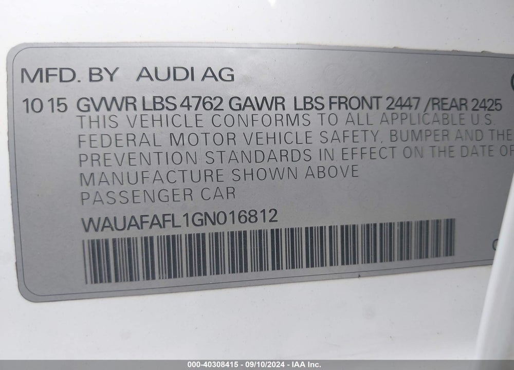 2016 AUDI A4 2.0T PREMIUM VIN: WAUAFAFL1GN016812