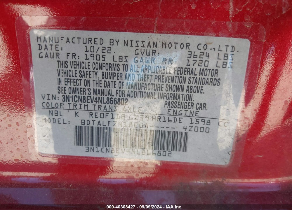 2022 NISSAN VERSA 1.6 SV XTRONIC CVT VIN: 3N1CN8EV4NL866802