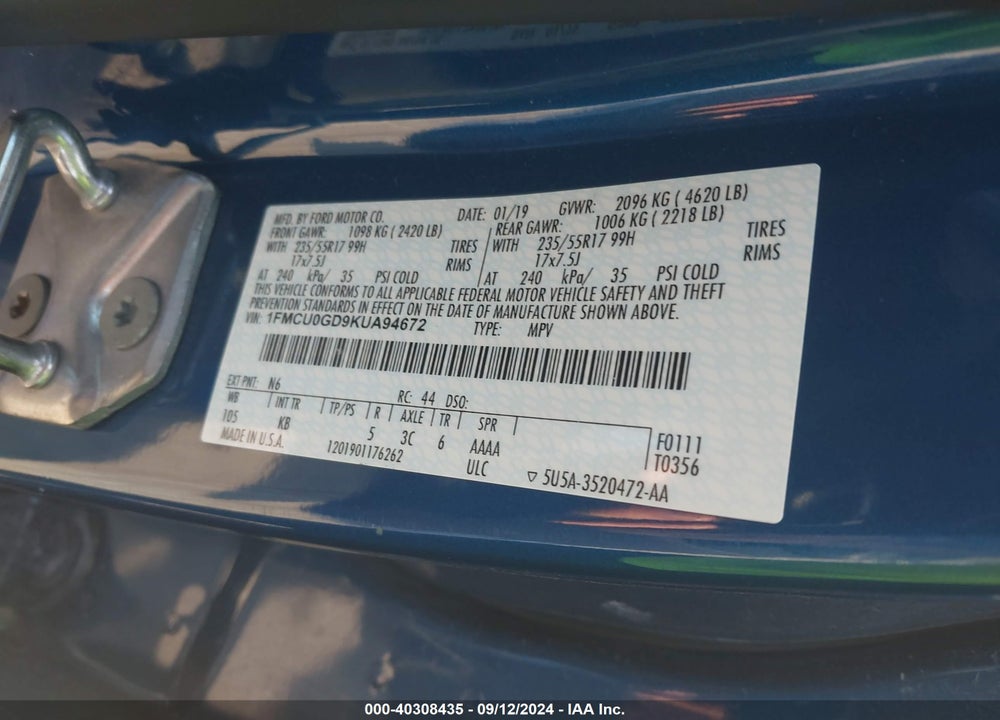 2019 FORD ESCAPE SE VIN: 1FMCU0GD9KUA94672