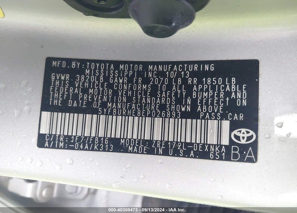 2014 TOYOTA COROLLA LE VIN: 5YFBURHE8EP026893