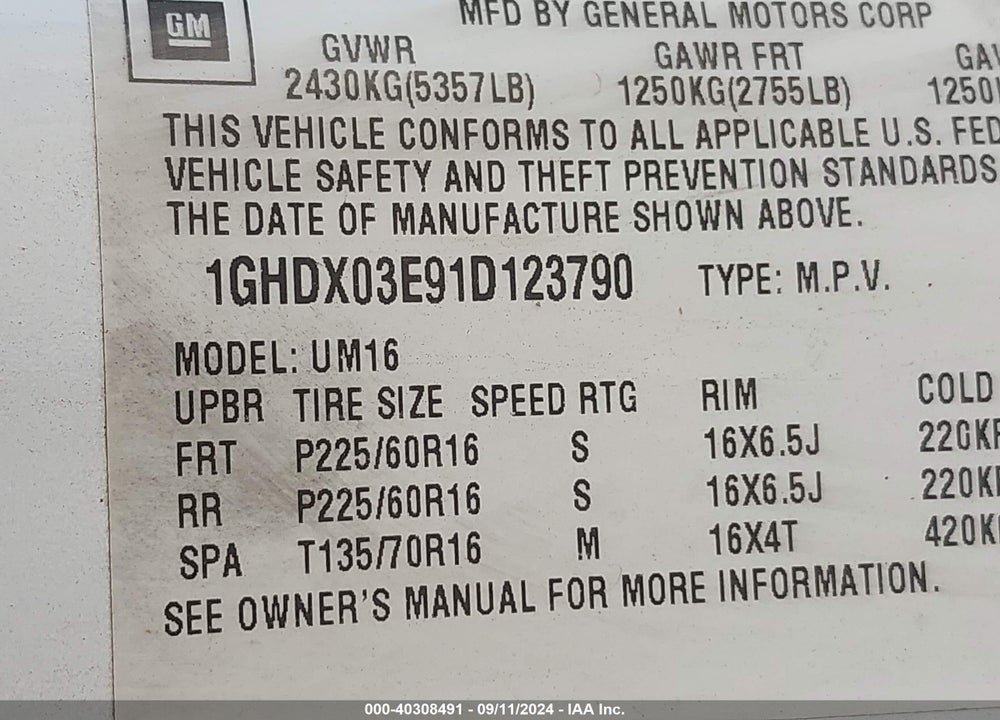 2001 OLDSMOBILE SILHOUETTE GLS VIN: 1GHDX03E91D123790