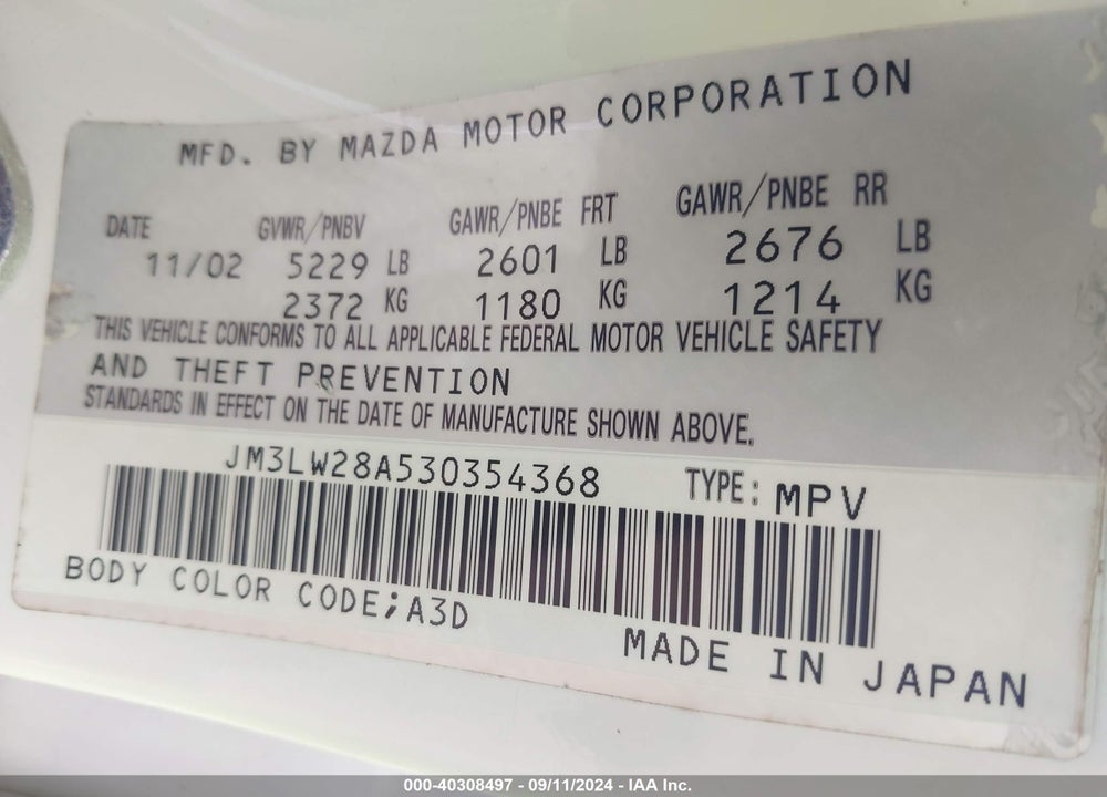 2003 MAZDA MPV ES/LX/LX-SV VIN: JM3LW28A530354368