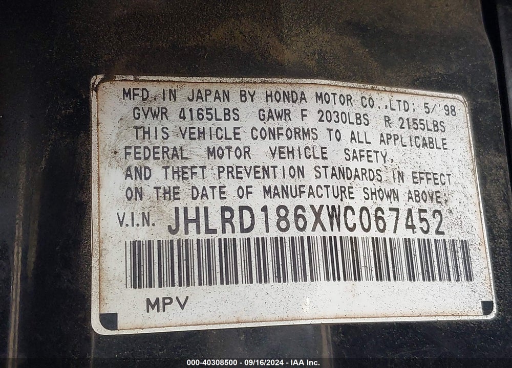1998 HONDA CR-V EX VIN: JHLRD186XWC067452