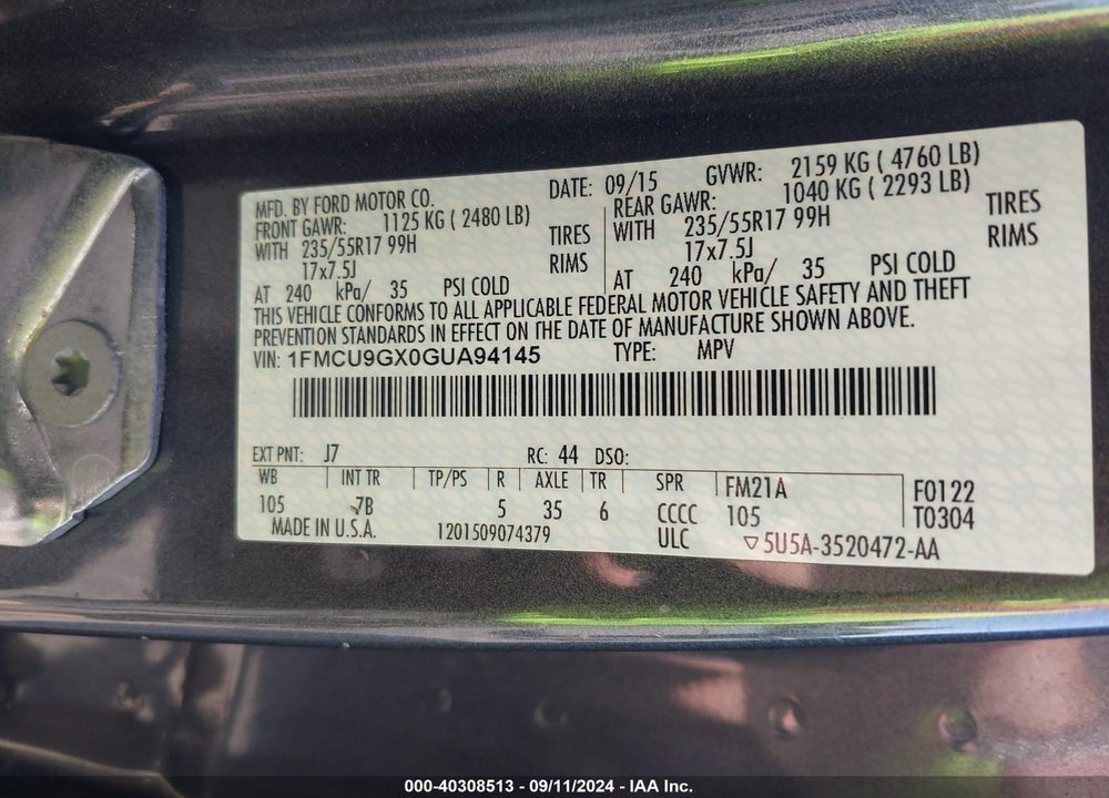 2016 FORD ESCAPE SE VIN: 1FMCU9GX0GUA94145