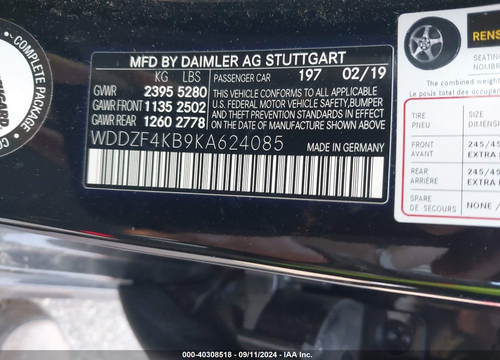 2019 MERCEDES-BENZ E 300 4MATIC VIN: WDDZF4KB9KA624085