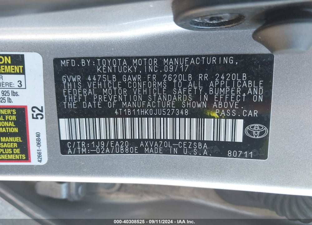 2018 TOYOTA CAMRY VIN: 4T1B11HK0JU527348