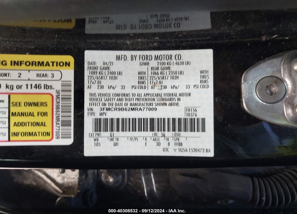 2021 FORD BRONCO SPORT BIG BEND VIN: 3FMCR9B62MRA77009