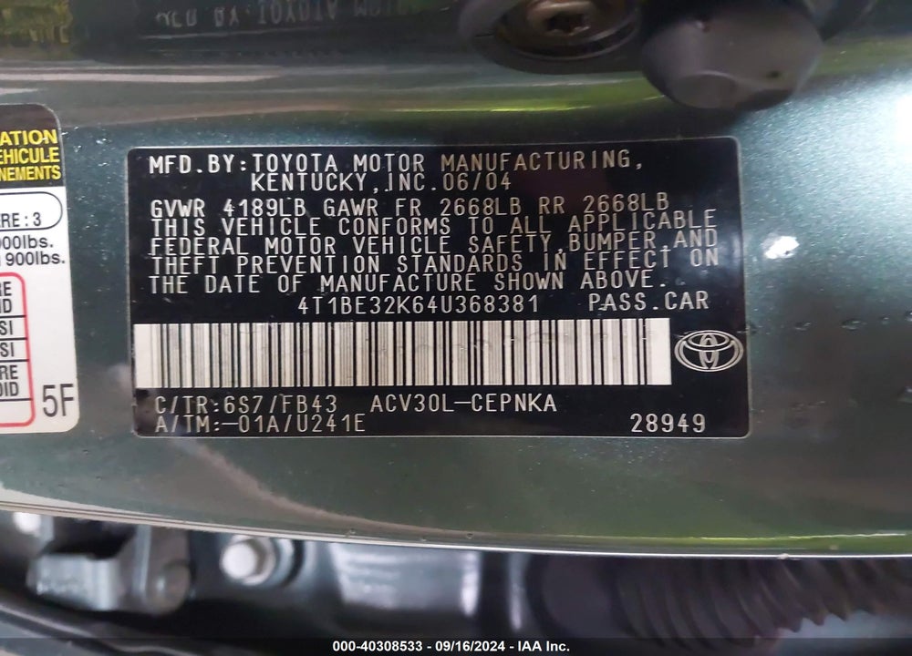 2004 TOYOTA CAMRY LE VIN: 4T1BE32K64U368381
