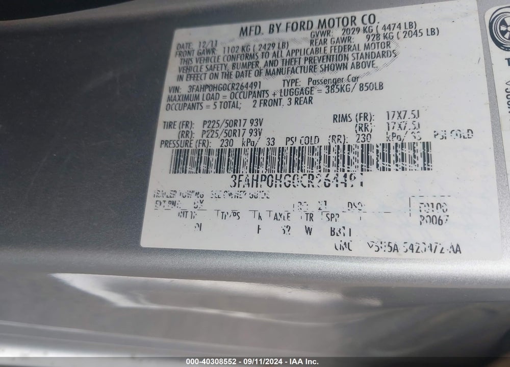 2012 FORD FUSION SE VIN: 3FAHP0HG0CR264491
