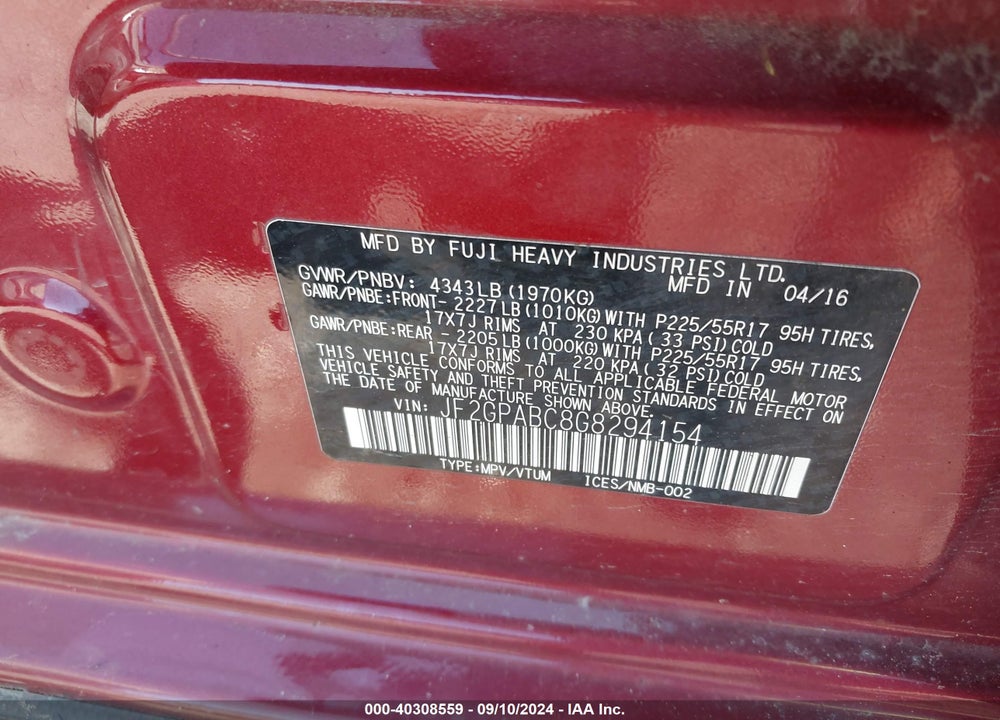 2016 SUBARU CROSSTREK 2.0I PREMIUM VIN: JF2GPABC8G8294154