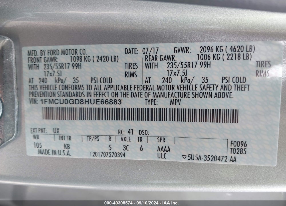 2017 FORD ESCAPE SE VIN: 1FMCU0GD8HUE66883