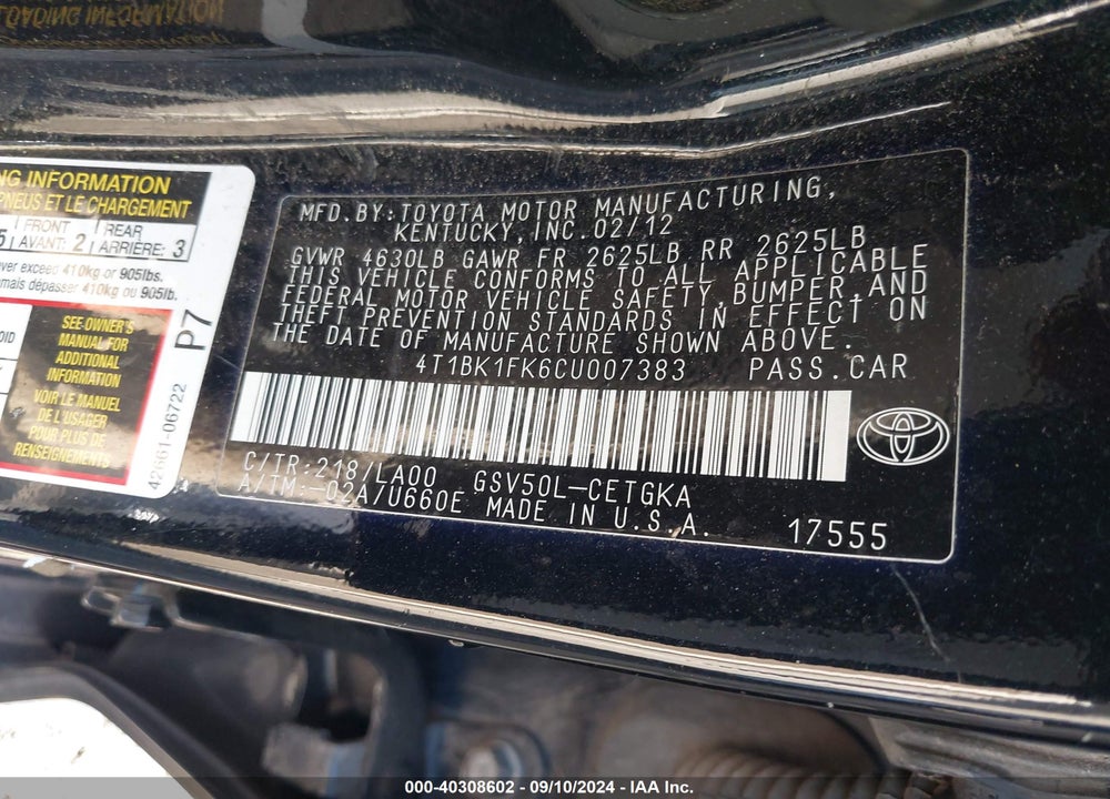 2012 TOYOTA CAMRY XLE V6 VIN: 4T1BK1FK6CU007383