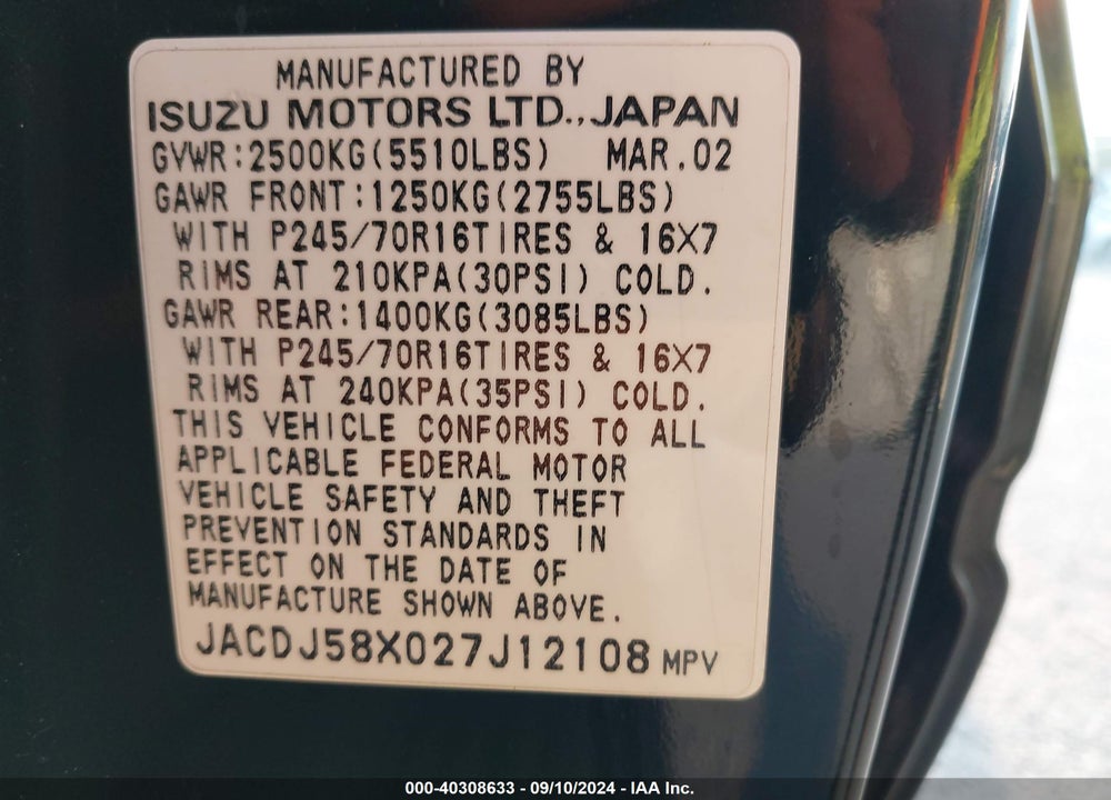 2002 ISUZU TROOPER LIMITED/LS/S VIN: JACDJ58X027J12108