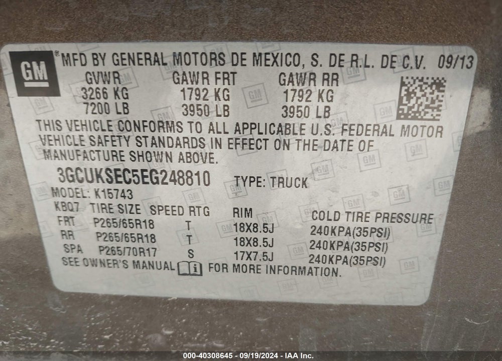 2014 CHEVROLET SILVERADO 1500 1LZ VIN: 3GCUKSEC5EG248810