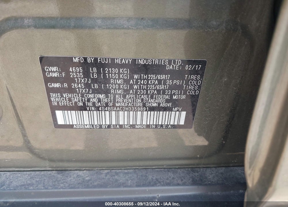 2017 SUBARU OUTBACK 2.5I VIN: 4S4BSAAC2H3359891