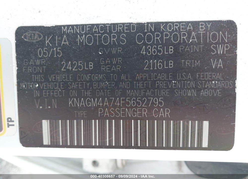 2015 KIA OPTIMA LX VIN: KNAGM4A74F5652795