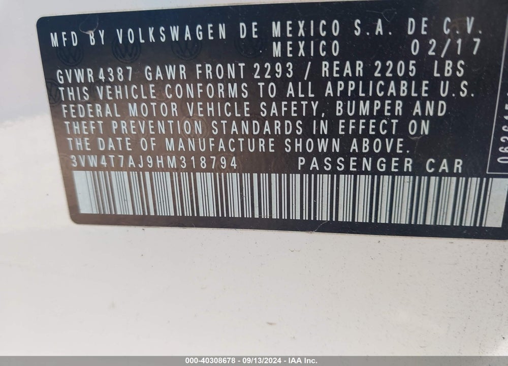 2017 VOLKSWAGEN JETTA GLI VIN: 3VW4T7AJ9HM318794
