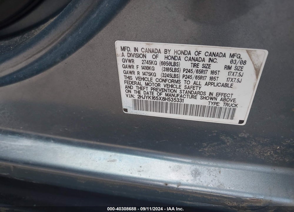 2008 HONDA RIDGELINE RTL VIN: 2HJYK165X8H535331