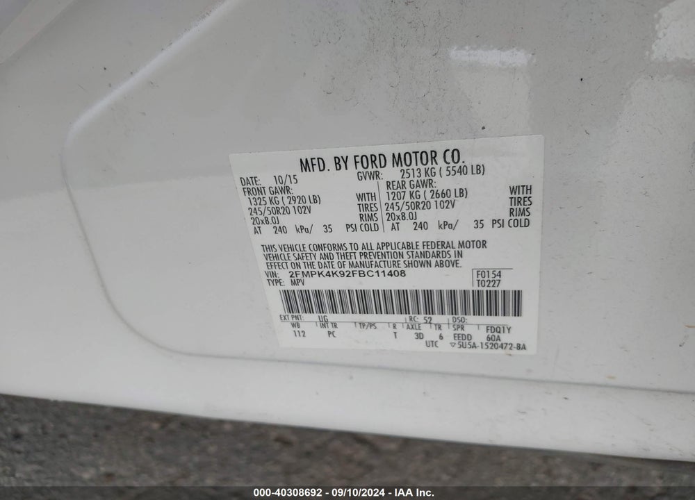 2015 FORD EDGE TITANIUM VIN: 2FMPK4K92FBC11408