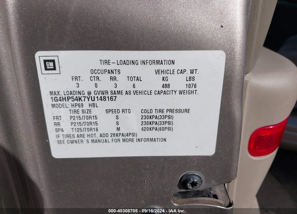 2000 BUICK LESABRE CUSTOM VIN: 1G4HP54K7YU148167