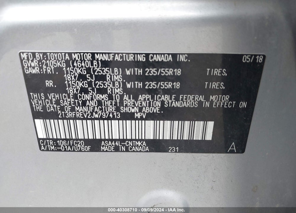 2018 TOYOTA RAV4 ADVENTURE VIN: 2T3RFREV2JW797413
