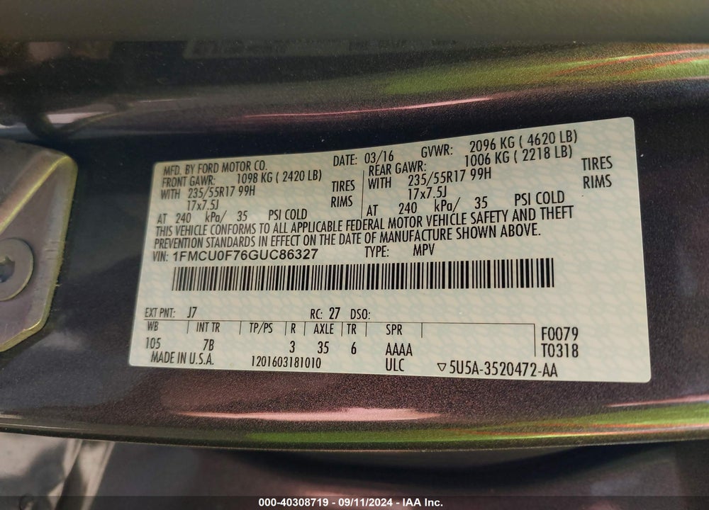2016 FORD ESCAPE S VIN: 1FMCU0F76GUC86327
