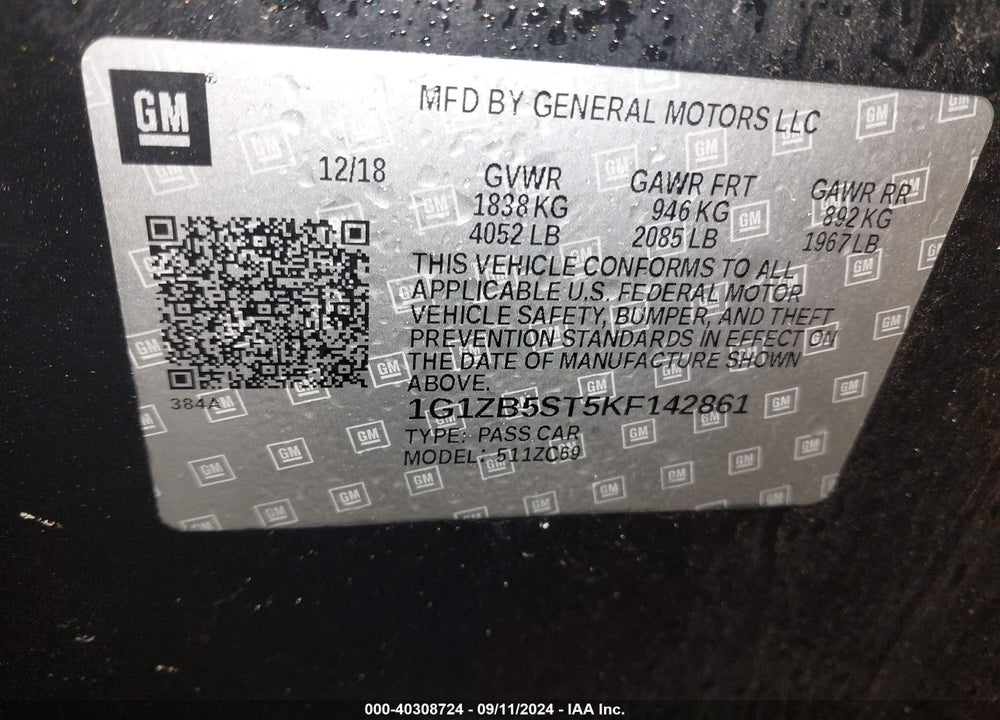 2019 CHEVROLET MALIBU 1LS VIN: 1G1ZB5ST5KF142861