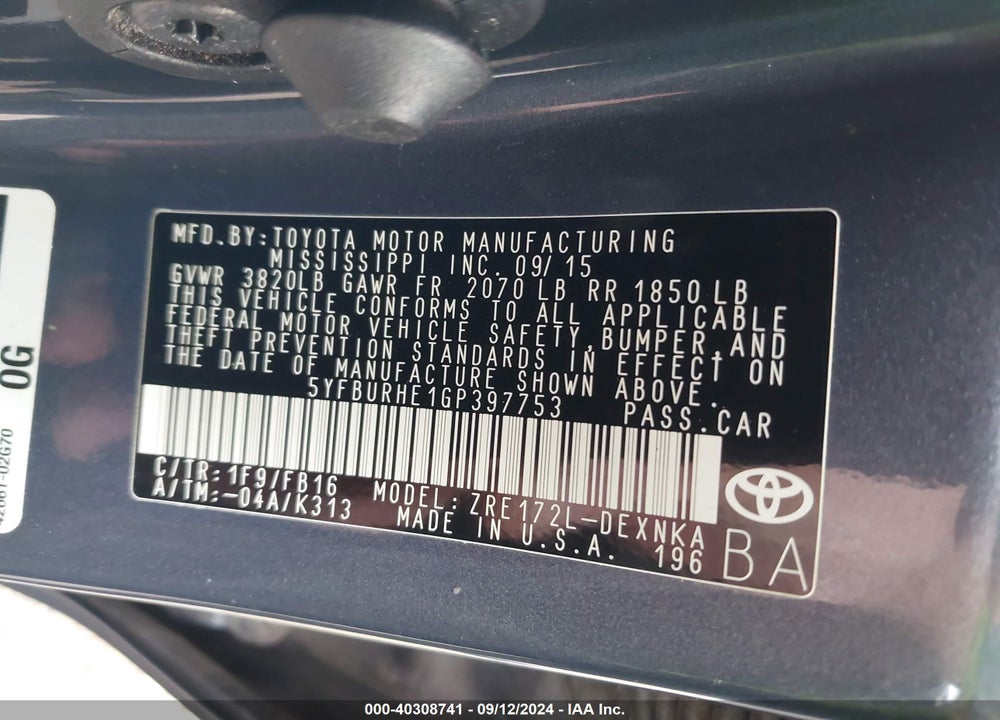 2016 TOYOTA COROLLA LE VIN: 5YFBURHE1GP397753
