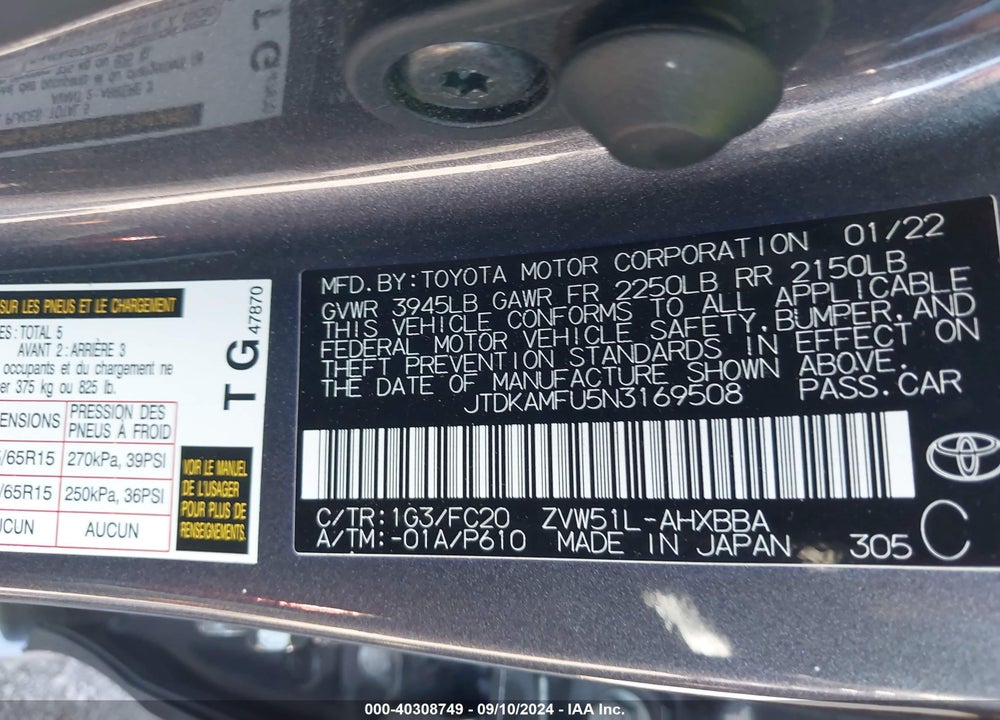 2022 TOYOTA PRIUS L VIN: JTDKAMFU5N3169508