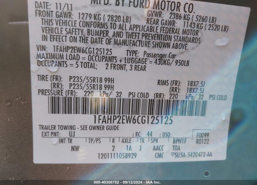 2012 FORD TAURUS SEL VIN: 1FAHP2EW6CG125125