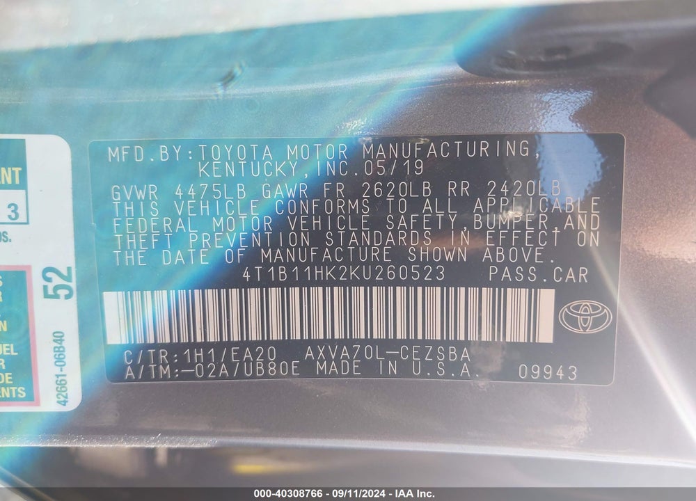 2019 TOYOTA CAMRY SE VIN: 4T1B11HK2KU260523