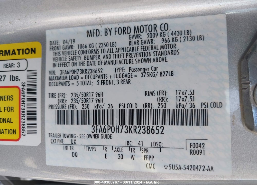 2019 FORD FUSION SE VIN: 3FA6P0H73KR238652