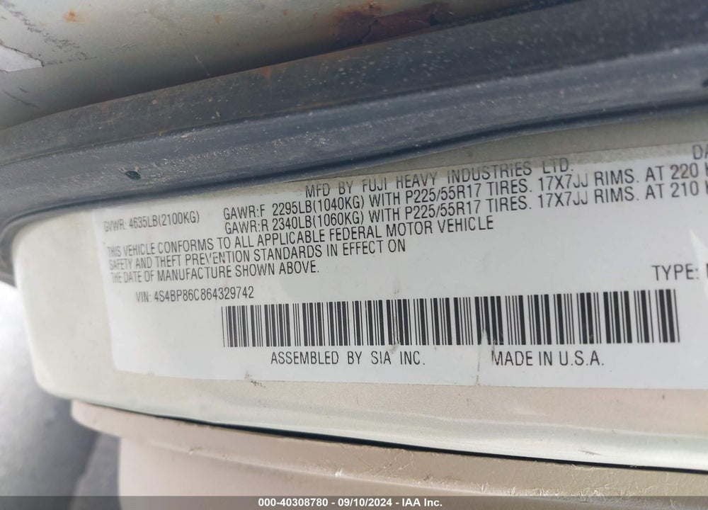 2006 SUBARU OUTBACK 3.0R L.L. BEAN EDITION VIN: 4S4BP86C864329742