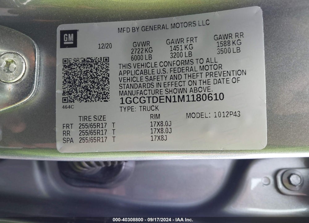 2021 CHEVROLET COLORADO 4WD SHORT BOX Z71 VIN: 1GCGTDEN1M1180610