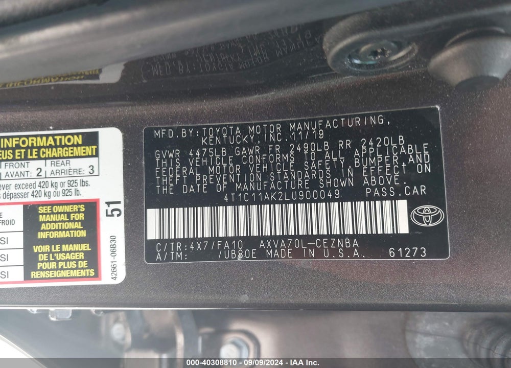2020 TOYOTA CAMRY LE VIN: 4T1C11AK2LU900049