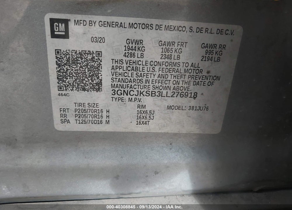 2020 CHEVROLET TRAX FWD LS VIN: 3GNCJKSB3LL276918