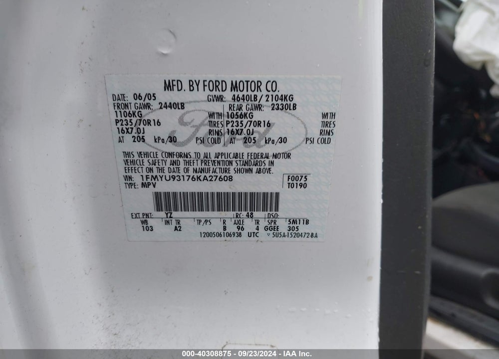 2006 FORD ESCAPE XLT/XLT SPORT VIN: 1FMYU93176KA27608