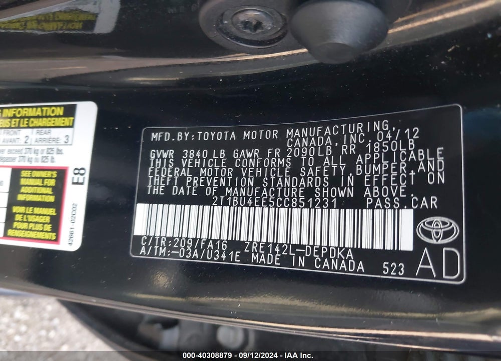 2012 TOYOTA COROLLA L VIN: 2T1BU4EE5CC851231