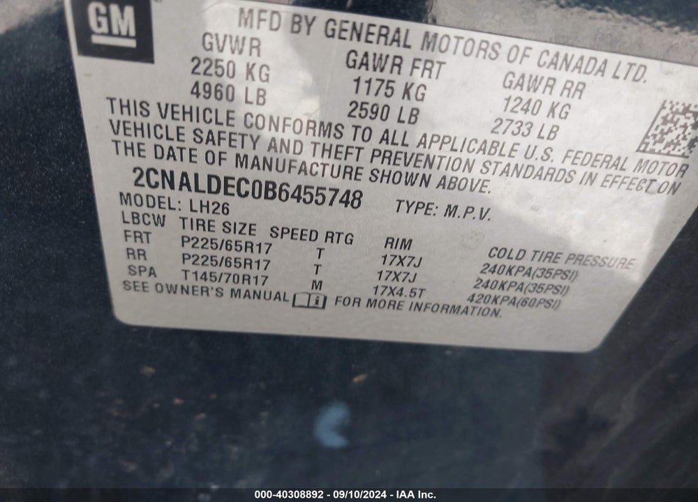 2011 CHEVROLET EQUINOX 1LT VIN: 2CNALDEC0B6455748