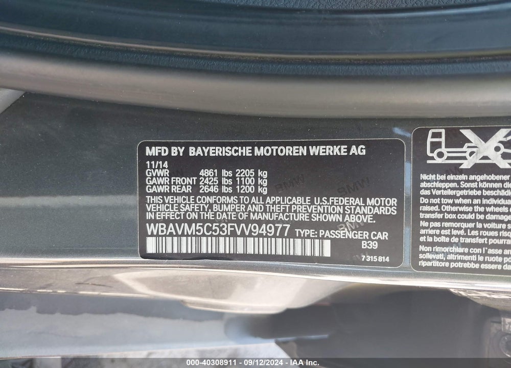 2015 BMW X1 XDRIVE35I VIN: WBAVM5C53FVV94977