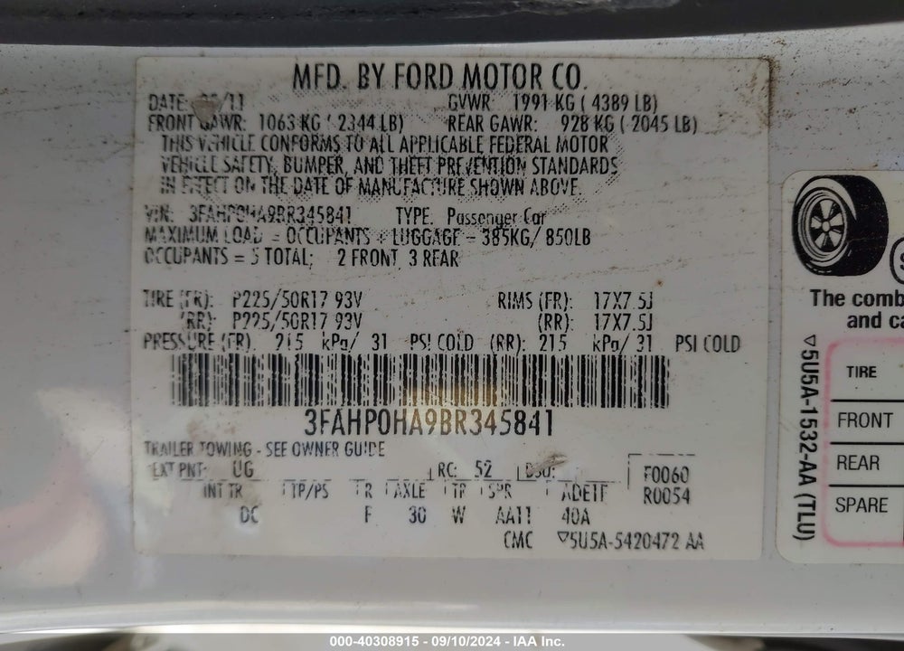 2011 FORD FUSION SE VIN: 3FAHP0HA9BR345841