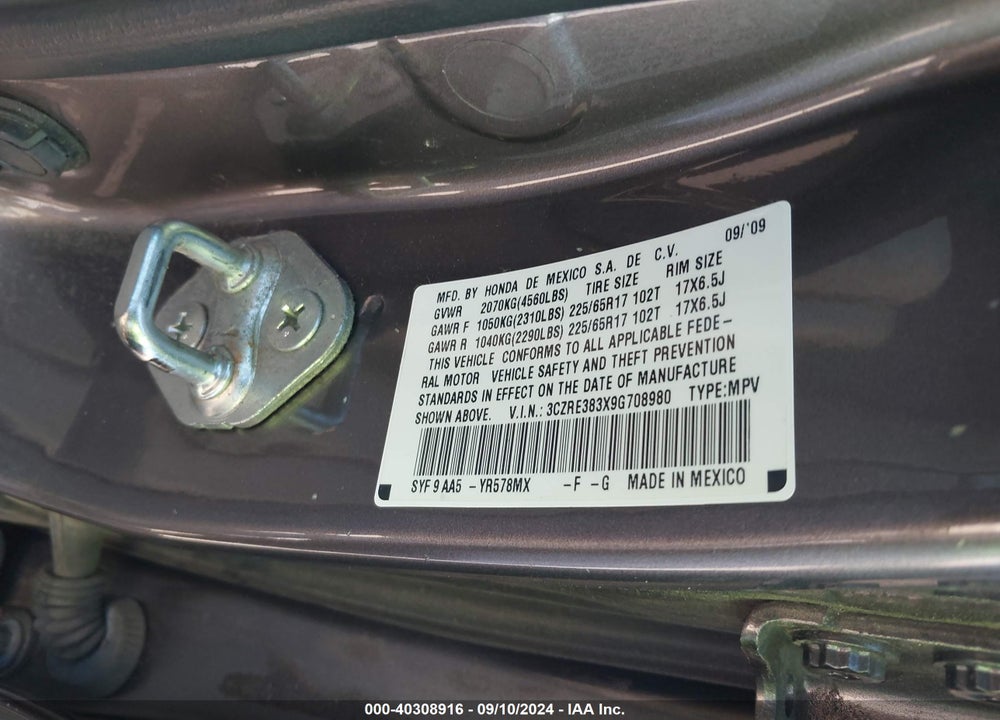 2009 HONDA CR-V LX VIN: 3CZRE383X9G708980