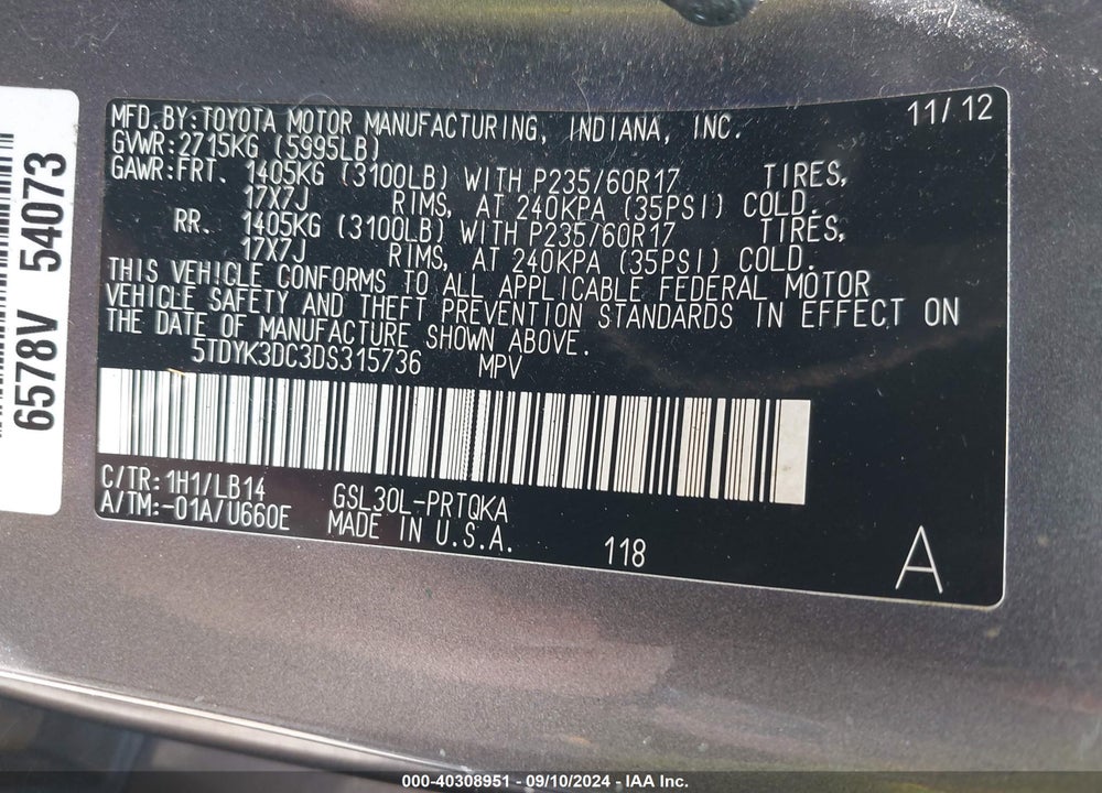 2013 TOYOTA SIENNA XLE V6 8 PASSENGER VIN: 5TDYK3DC3DS315736