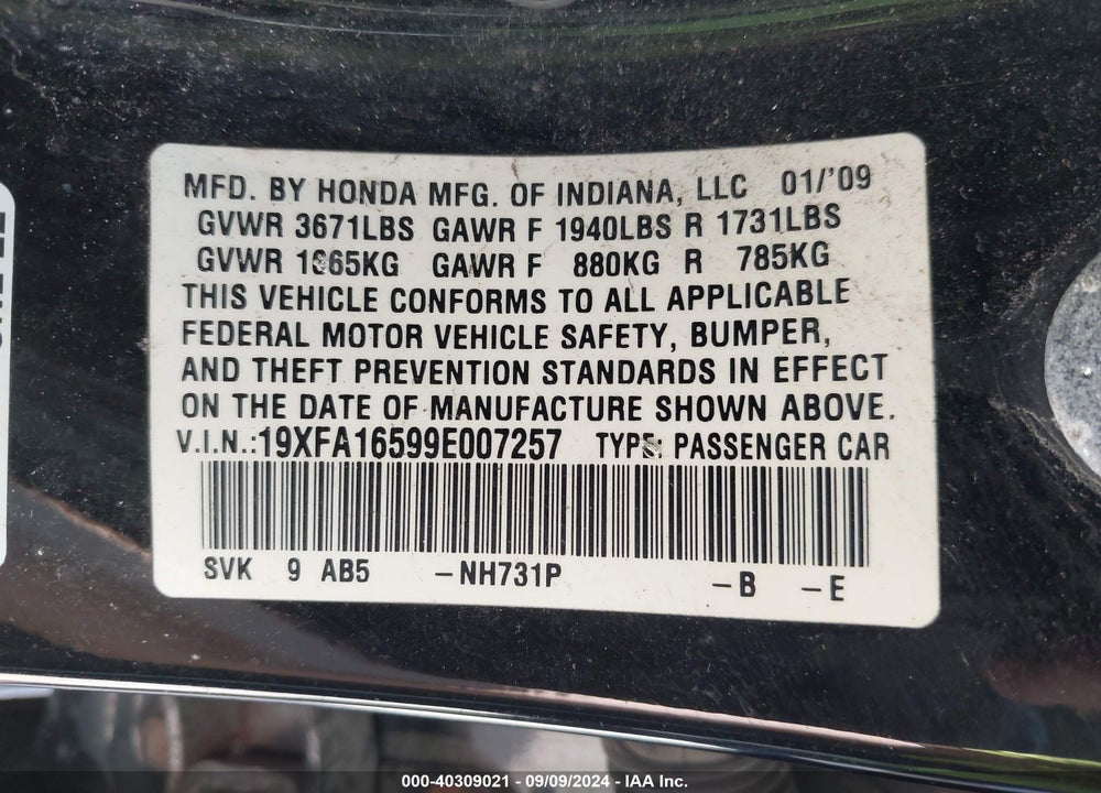 2009 HONDA CIVIC LX VIN: 19XFA16599E007257