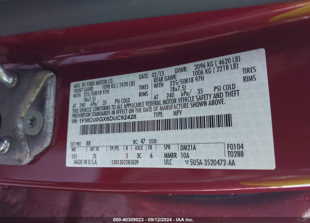 2013 FORD ESCAPE SE VIN: 1FMCU0GX6DUC92428