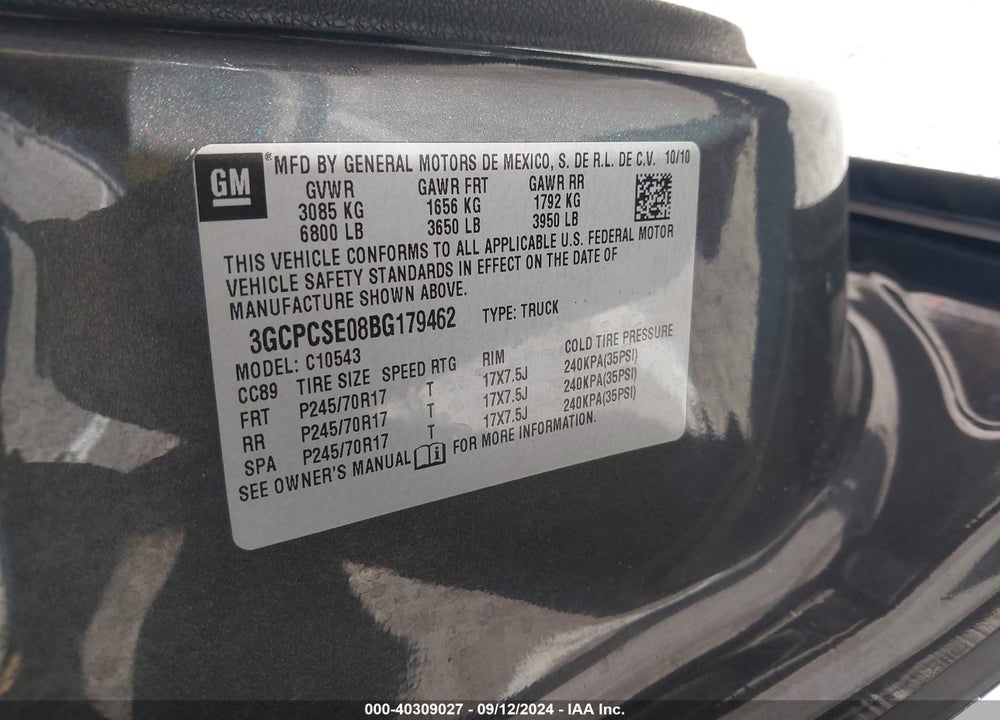 2011 CHEVROLET SILVERADO 1500 LT VIN: 3GCPCSE08BG179462