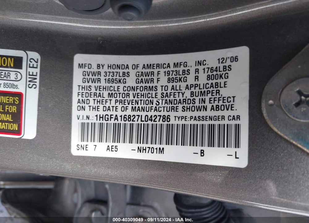 2007 HONDA CIVIC EX VIN: 1HGFA16827L042786