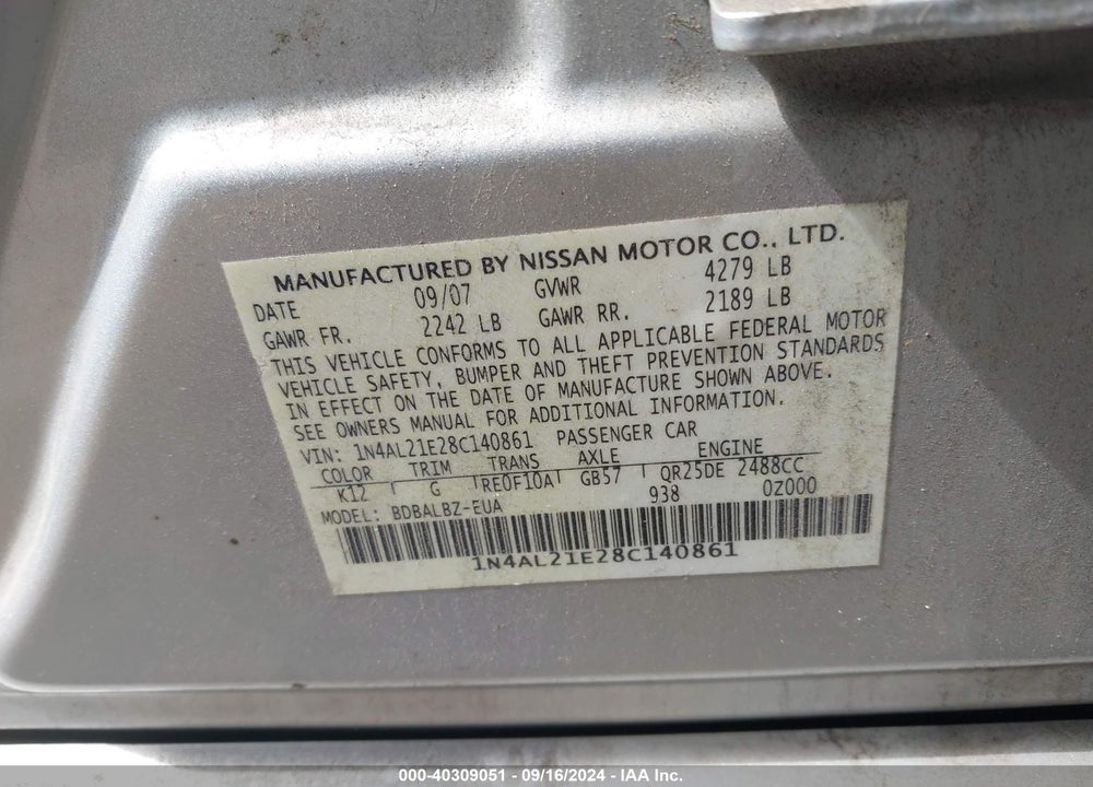 2008 NISSAN ALTIMA 2.5 S VIN: 1N4AL21E28C140861