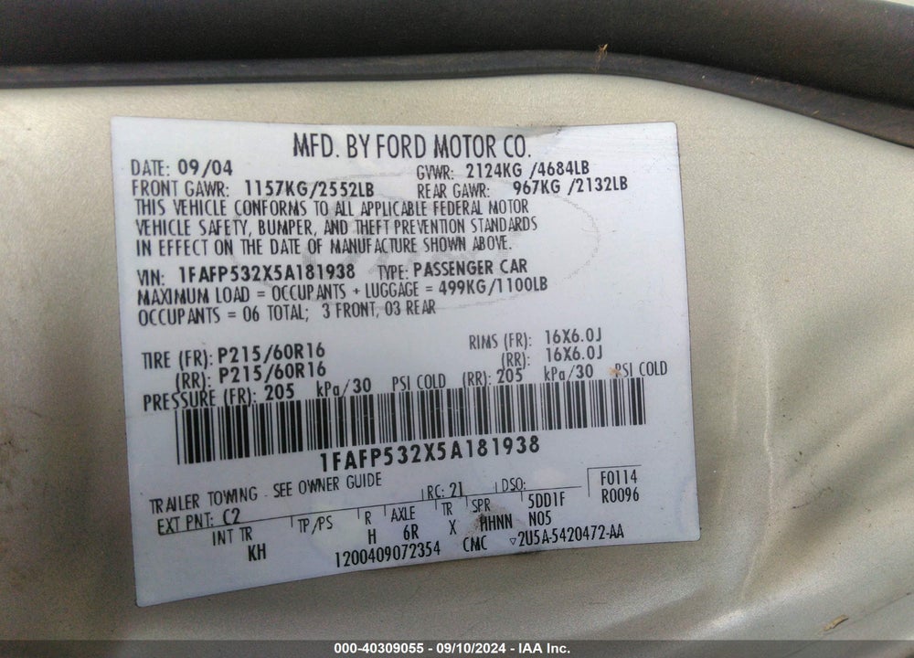 2005 FORD TAURUS SE VIN: 1FAFP532X5A181938