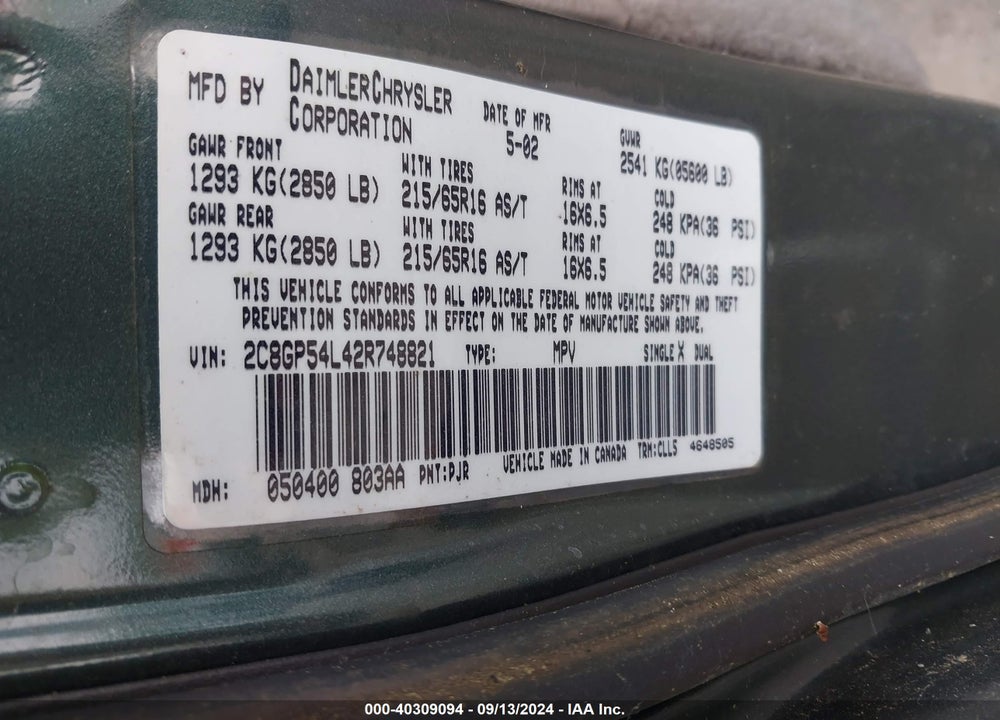 2002 CHRYSLER TOWN & COUNTRY LXI VIN: 2C8GP54L42R748821